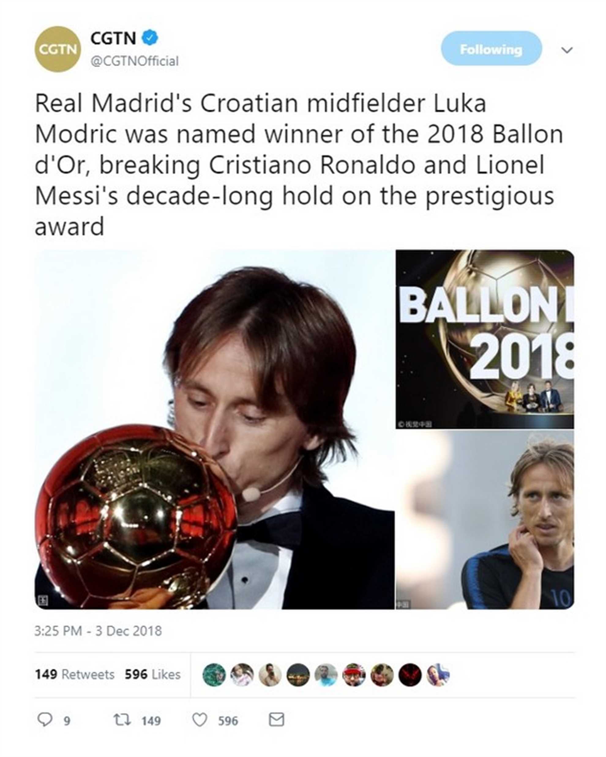 CGNT tweets Luka Modric vant Baloon D Or