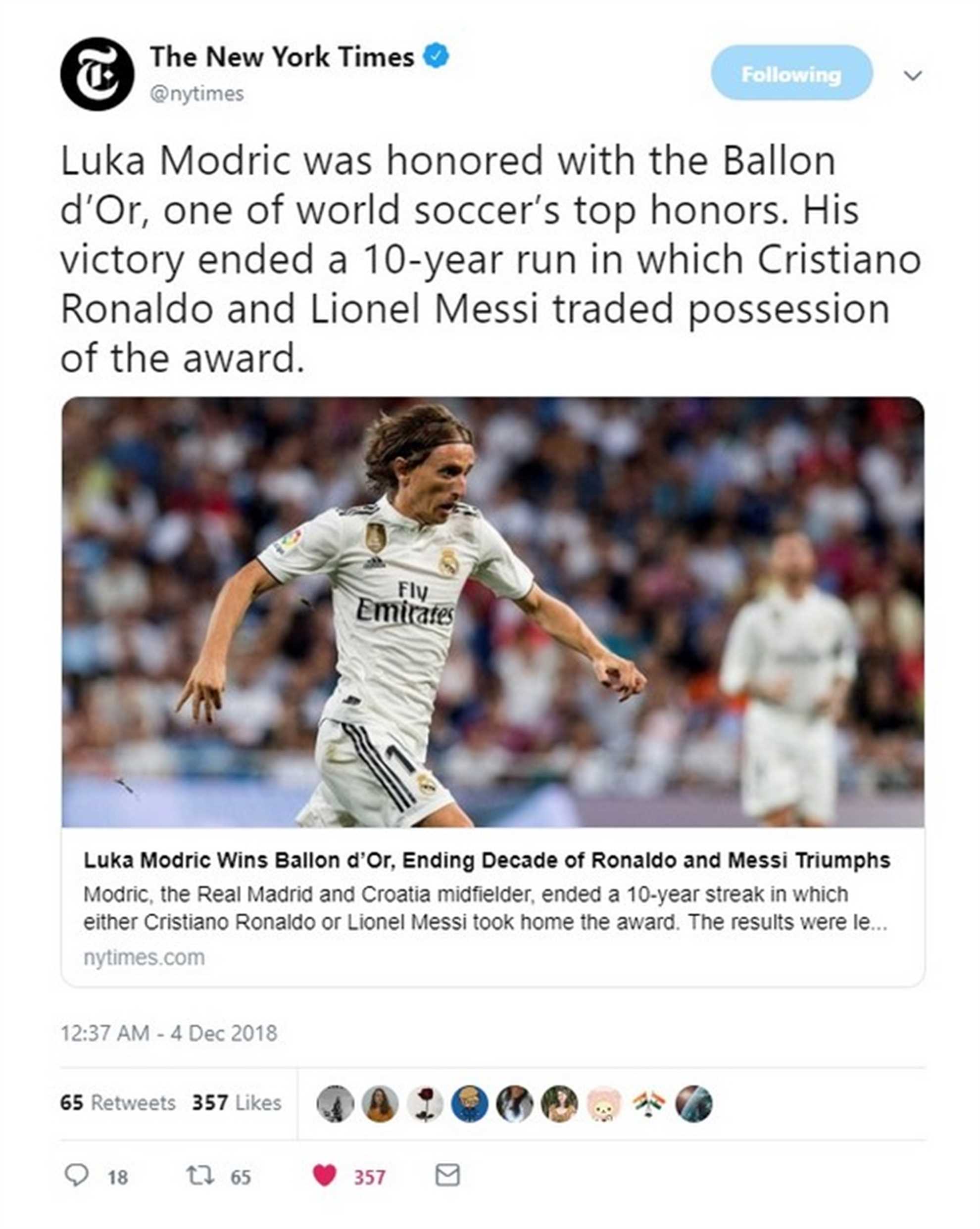 Luka Modric, dziennikarz New York Timesa, otrzymał nagrodę Golden Ball