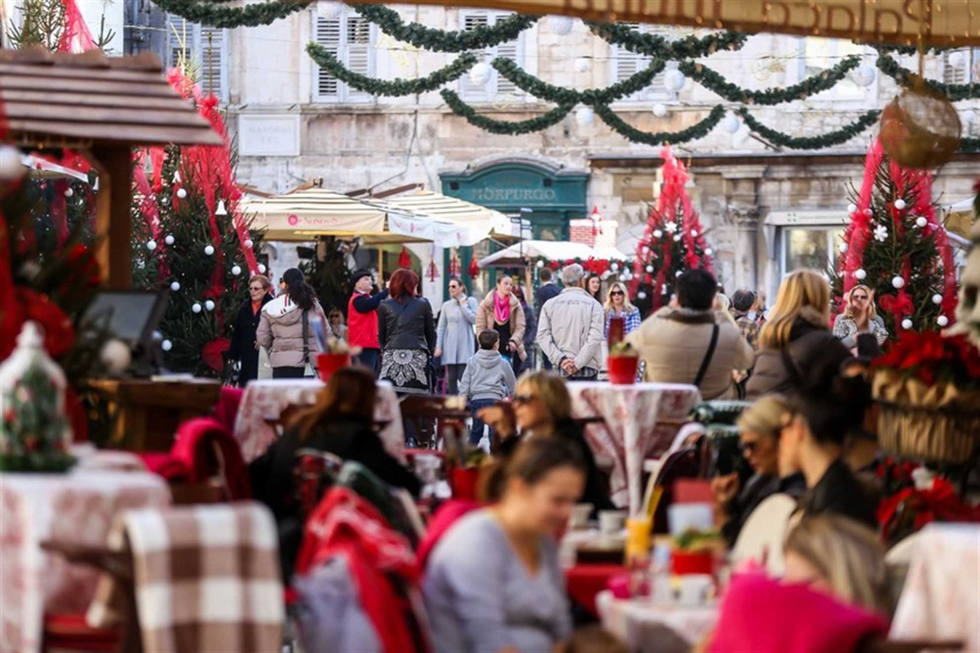 Christmas market in Split, wooden stalls and cafes