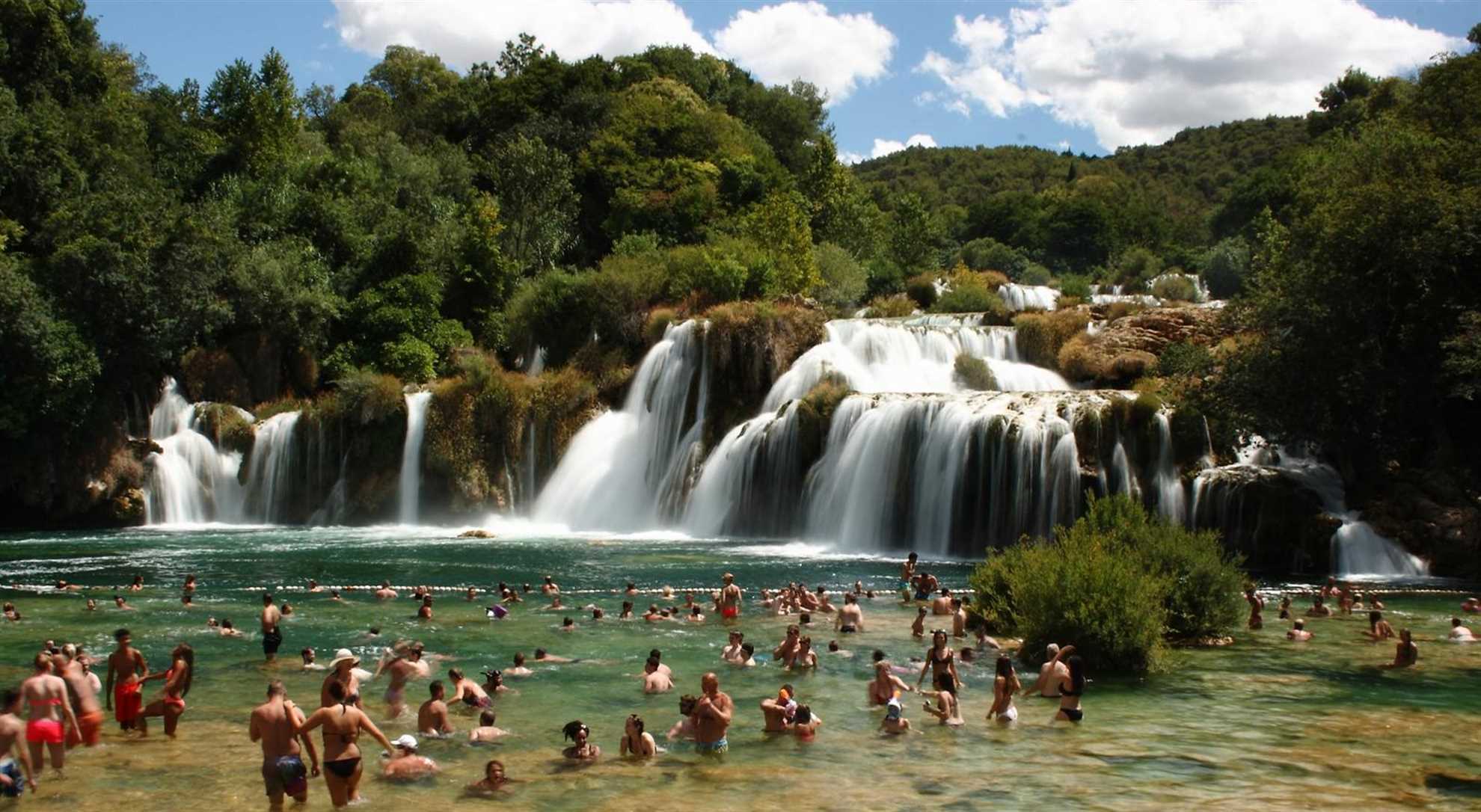 Skradinski Buk, the main waterfall of Krka River with swimming area